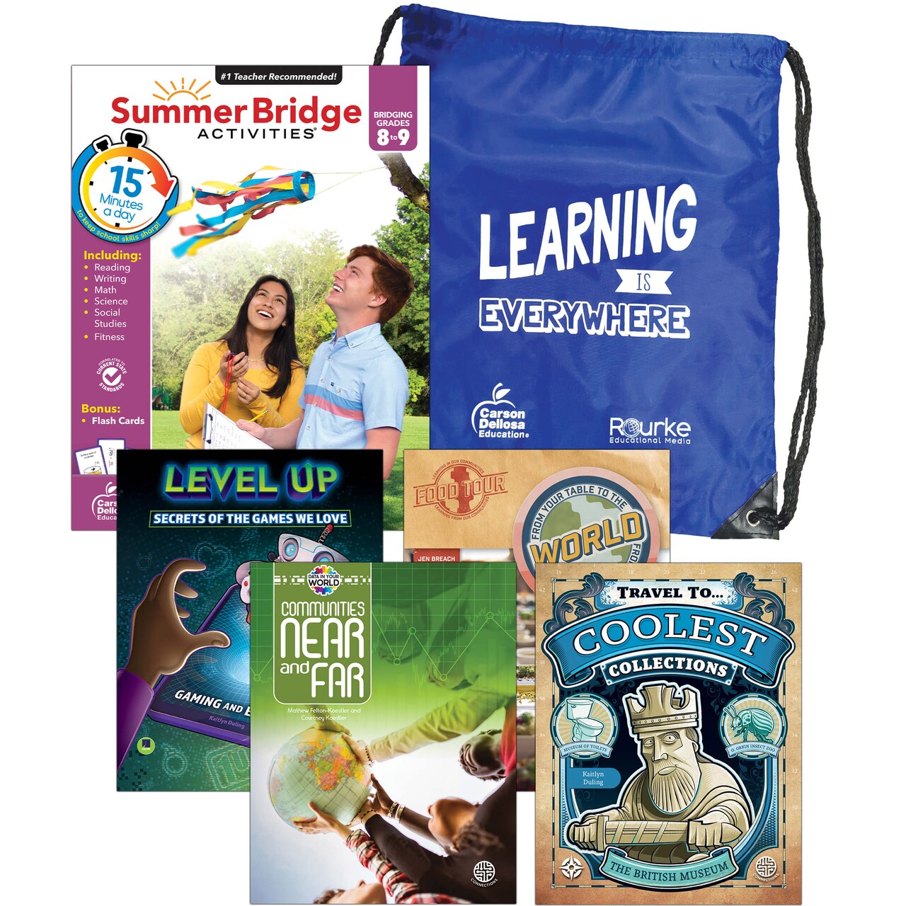 Summer Bridge Activities 8-9 Bundle, Ages 13-14, Math, Reading Comprehension, Writing, Science Summer Learning 9th Grade Workbooks All Subjects With Flash Cards, Children's Books, Drawstring Bag
